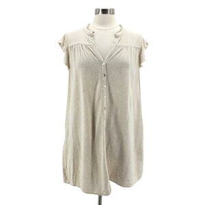 Lovestitch Womens Large Dress Mini Shift Rayon Linen Ivory Button V-Neck Boho